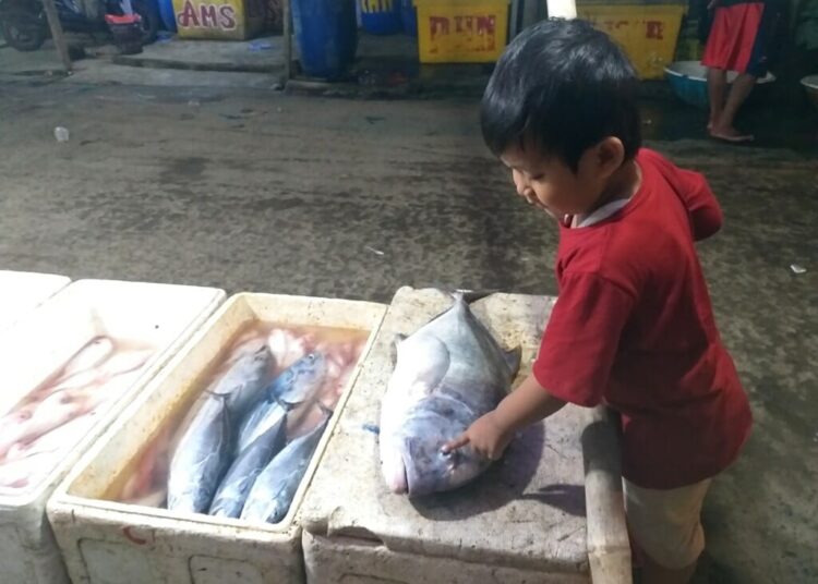 Anak kecil sedang menunjuk ikan laut yang dijajakan para pedagang ikan, di TPI Teluk Labuan, Sabtu (4/12/2021). (NIPAL SUTIANA/SATELITNEWS.ID)