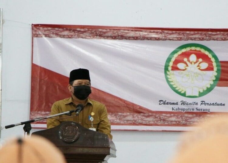 Sekda Kabupaten Serang Tubagus Entus Mahmud Sahiri, menyampaikan sambutan pada peringatan Dirgahayu DWP ke 22. (ISTIMEWA)