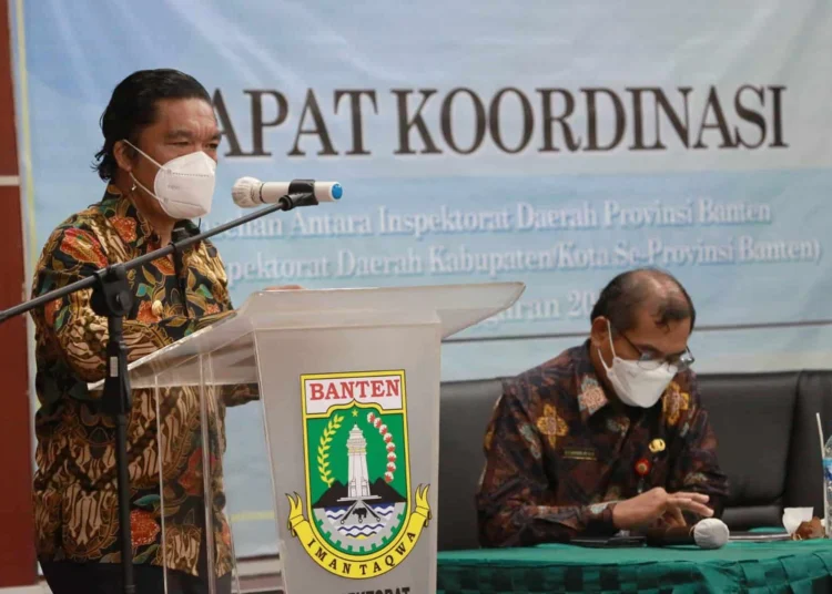 Pj Gubernur Banten, Al Muktabar, sambutan di acara Rakor Inspektorat Banten dengan Inspektorat Kabupaten/Kota Se-Banten, Kamis (19/5/2022). (ISTIMEWA)